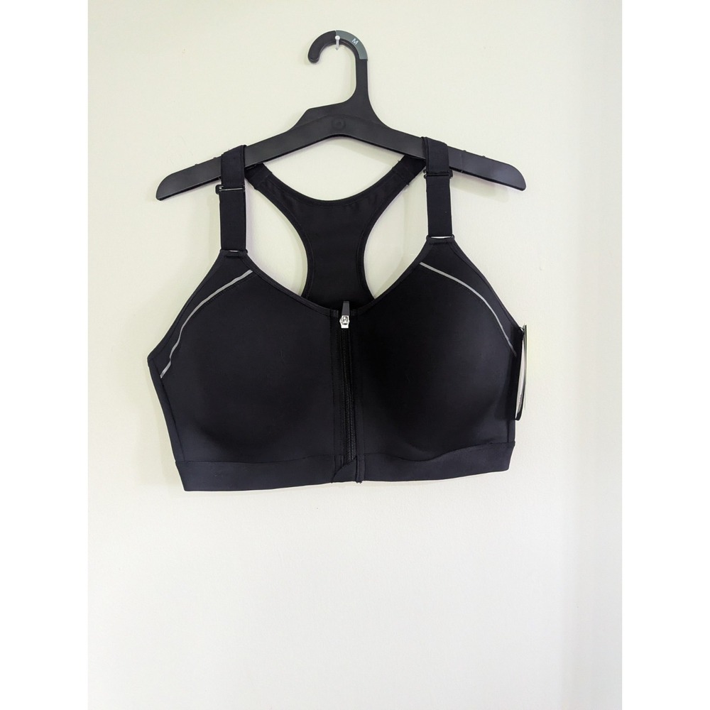 MTA Sports Womens Front Zip Black  Racer Back Padded Sports Bra Size XL NEW